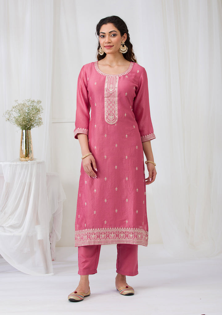 Onion Pink Sequins Raw Silk Readymade Salwar Suit