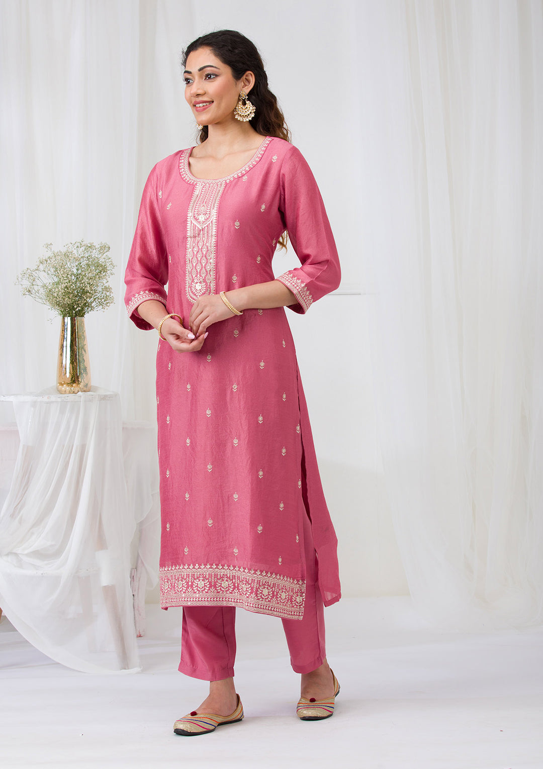 Onion Pink Sequins Raw Silk Readymade Salwar Suit