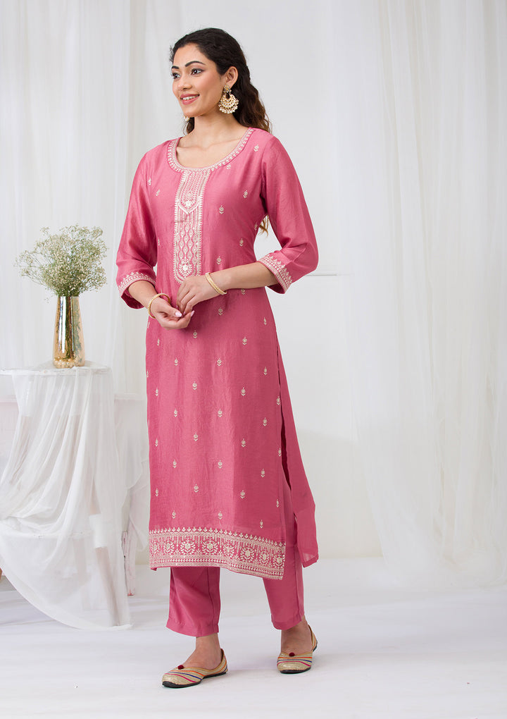 Onion Pink Sequins Raw Silk Readymade Salwar Suit