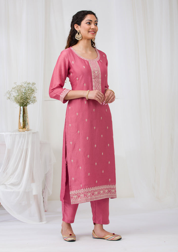 Onion Pink Sequins Raw Silk Readymade Salwar Suit