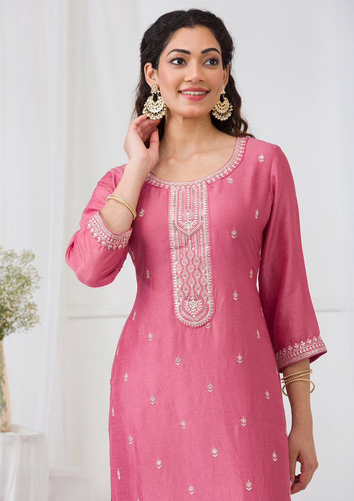Onion Pink Sequins Raw Silk Readymade Salwar Suit