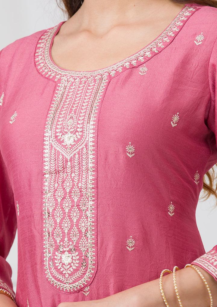 Onion Pink Sequins Raw Silk Readymade Salwar Suit