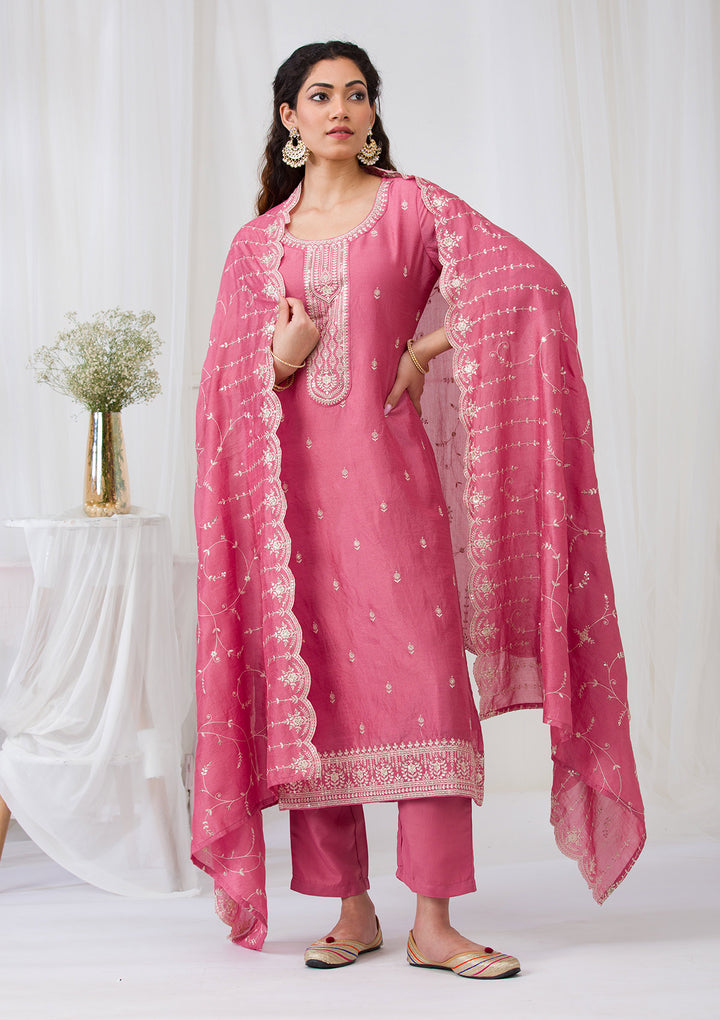 Onion Pink Sequins Raw Silk Readymade Salwar Suit