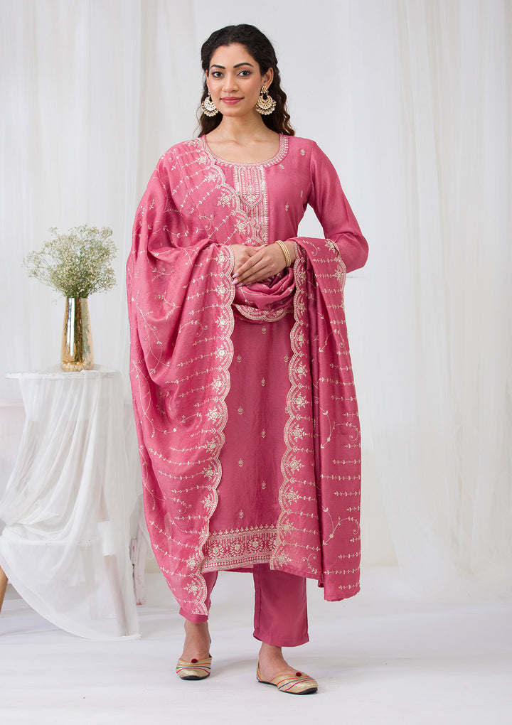 Onion Pink Sequins Raw Silk Readymade Salwar Suit