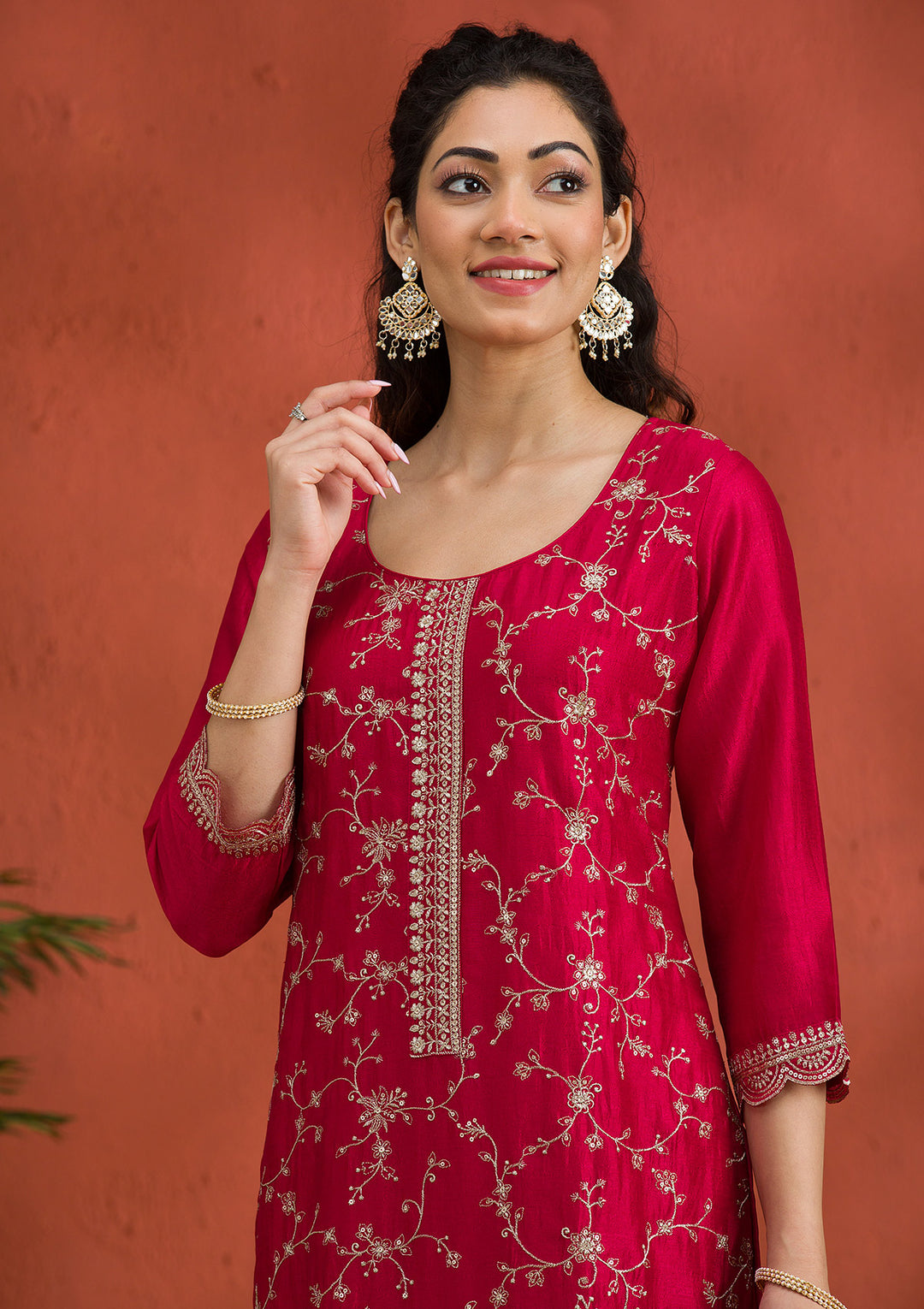 Rani Pink Threadwork Raw Silk Readymade Salwar Suit