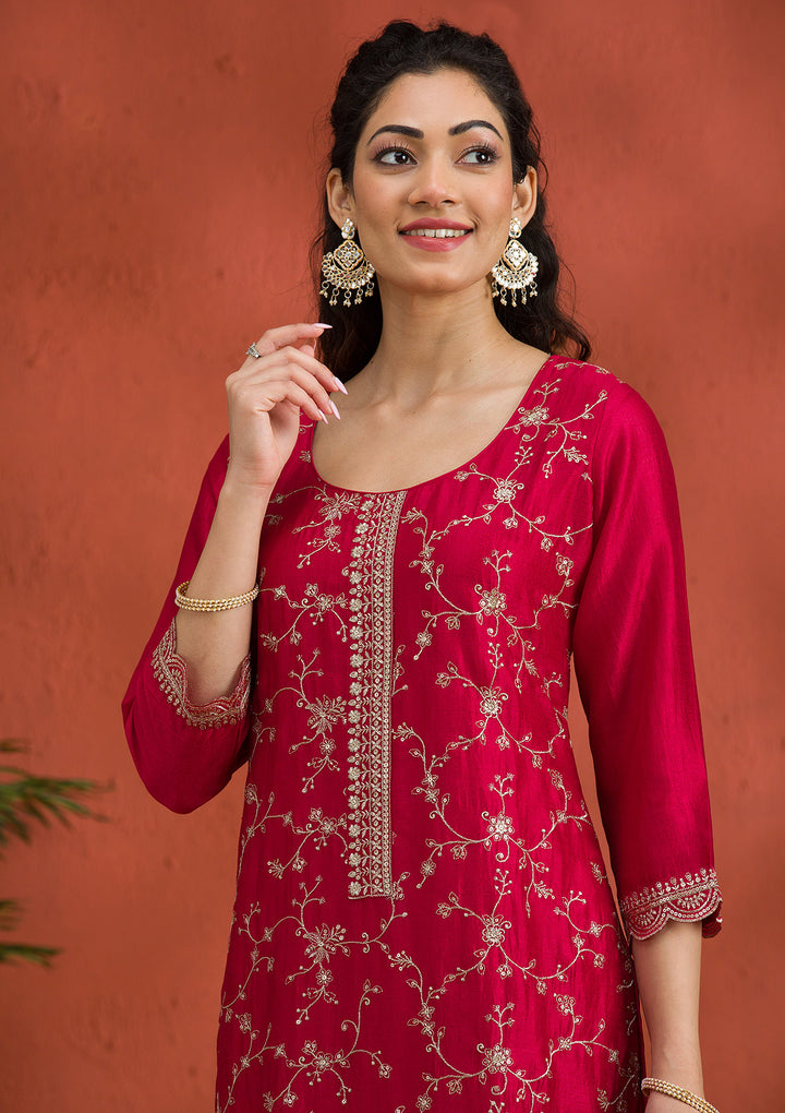 Rani Pink Threadwork Raw Silk Readymade Salwar Suit