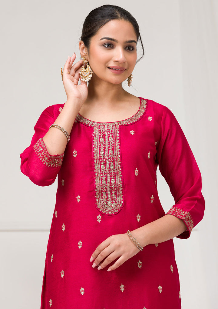 Rani Pink Sequins Raw Silk Readymade Salwar Suit