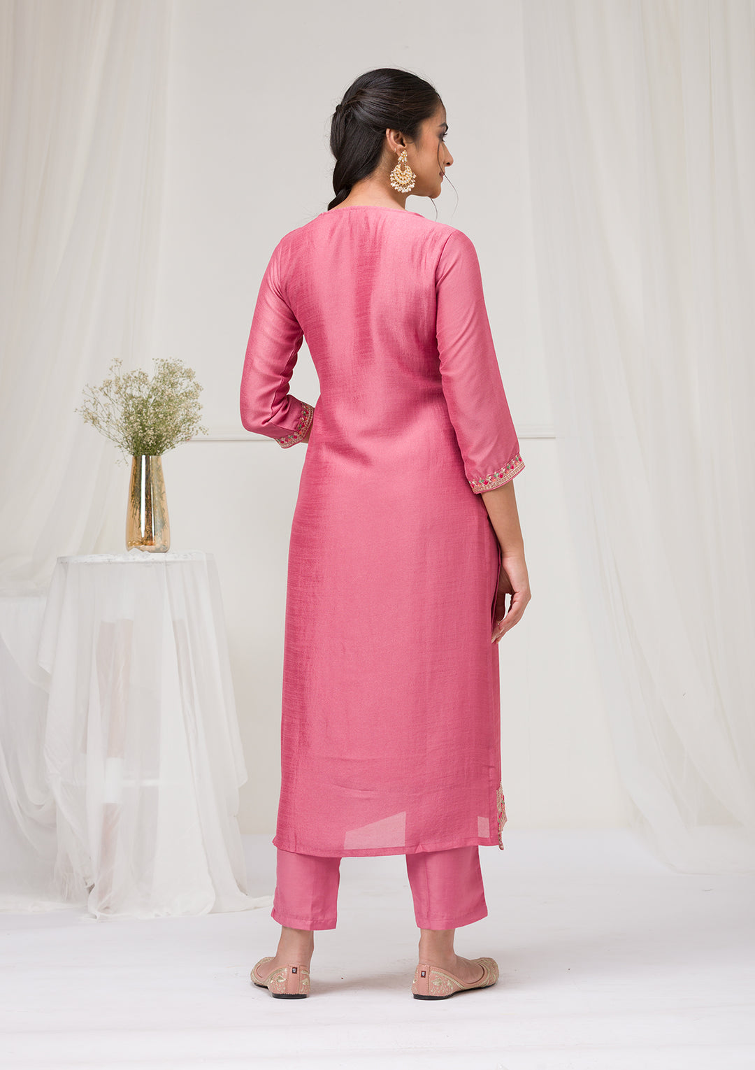 Onion Pink Threadwork Raw Silk Readymade Salwar Suit