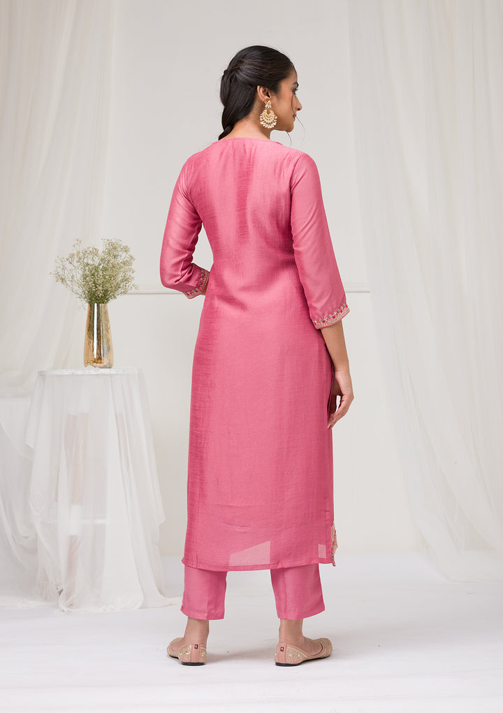Onion Pink Threadwork Raw Silk Readymade Salwar Suit