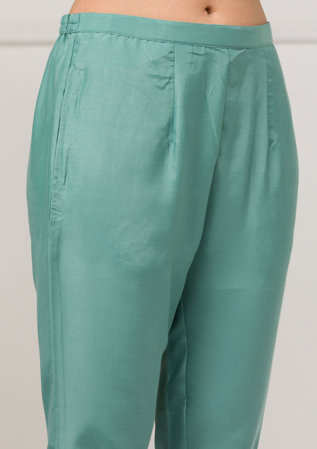 Sea Green Threadwork Raw Silk Readymade Salwar Suit