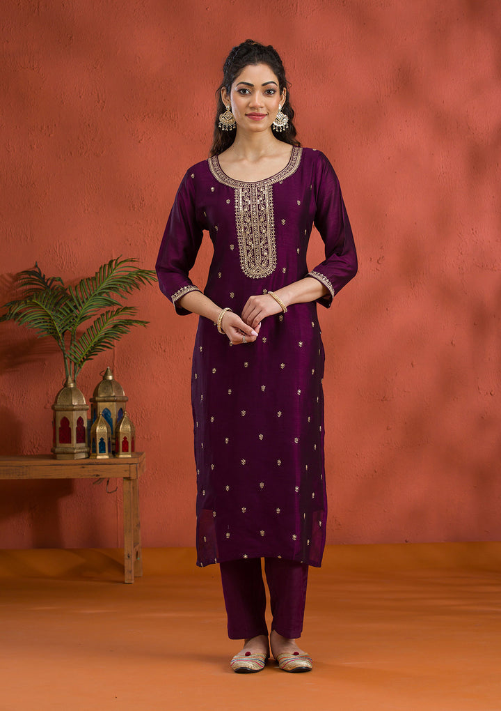 Purple Threadwork Raw Silk Readymade Salwar Suit