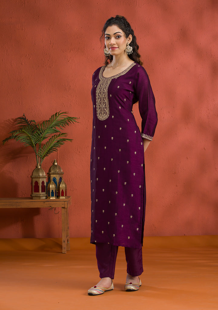 Purple Threadwork Raw Silk Readymade Salwar Suit