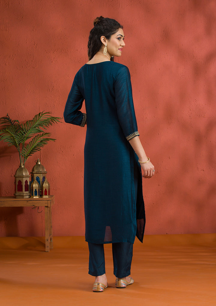 Peacock Blue Threadwork Raw Silk Readymade Salwar Suit