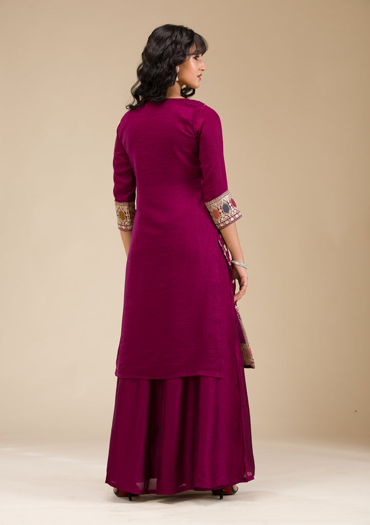 Wine Zariwork (Gold) Soft Raw Silk Readymade Salwar Suit