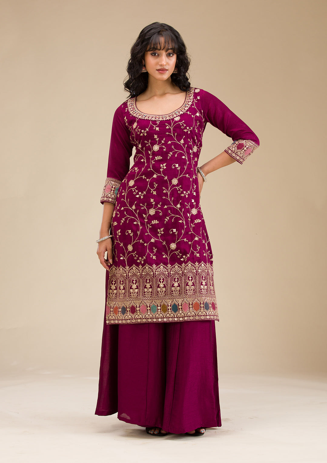 Wine Zariwork (Gold) Soft Raw Silk Readymade Salwar Suit
