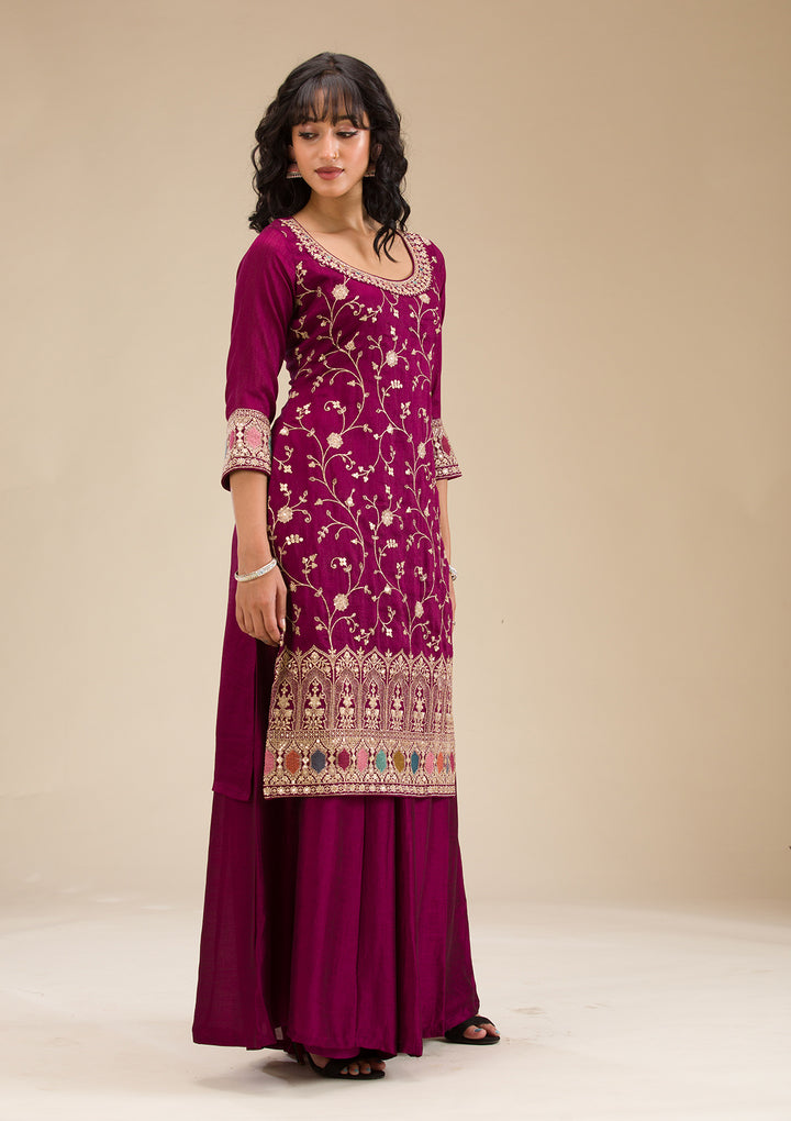 Wine Zariwork (Gold) Soft Raw Silk Readymade Salwar Suit