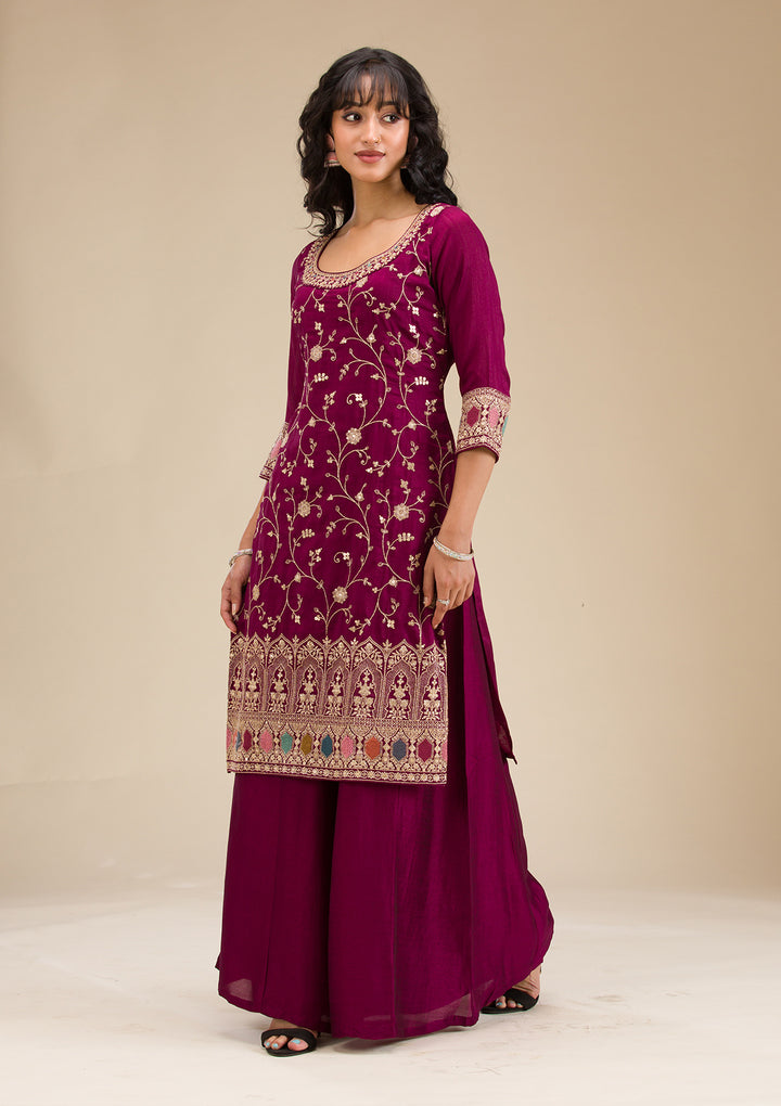 Wine Zariwork (Gold) Soft Raw Silk Readymade Salwar Suit