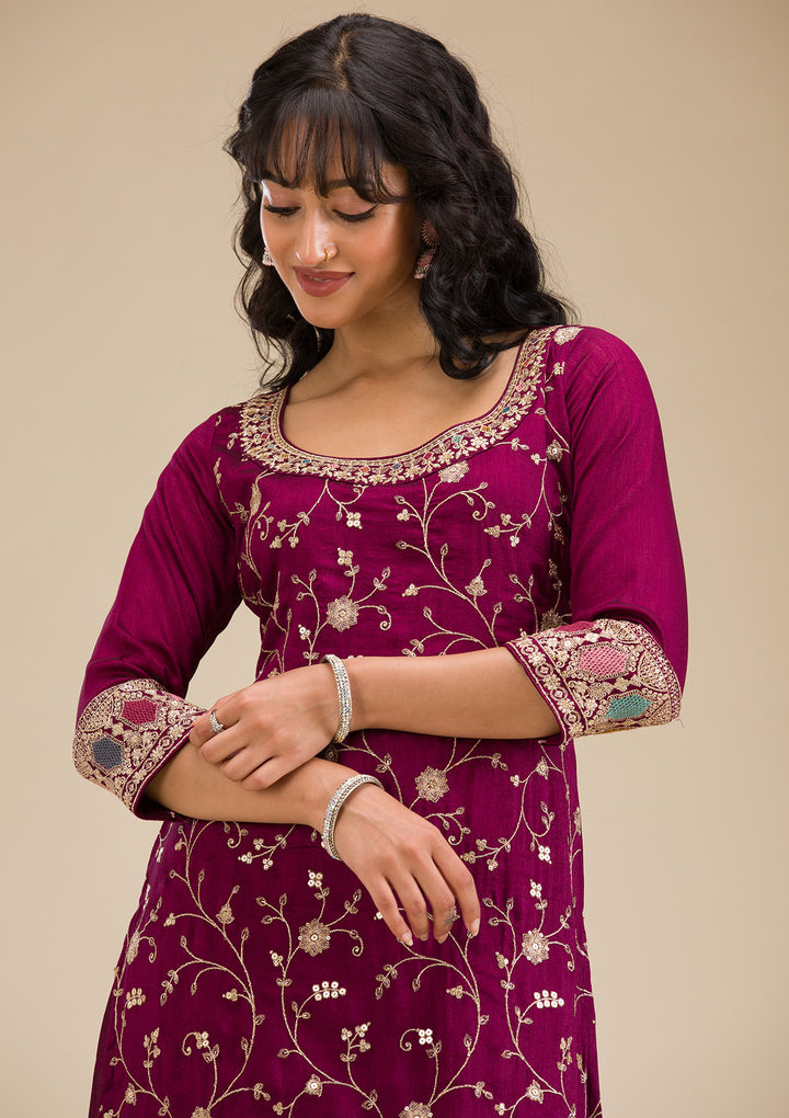 Wine Zariwork (Gold) Soft Raw Silk Readymade Salwar Suit