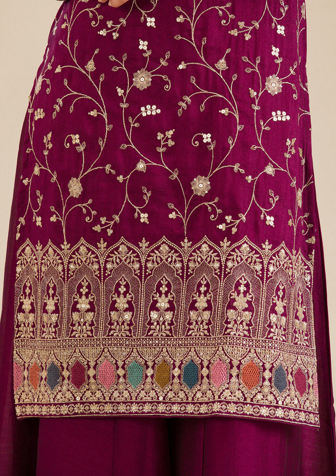 Wine Zariwork (Gold) Soft Raw Silk Readymade Salwar Suit