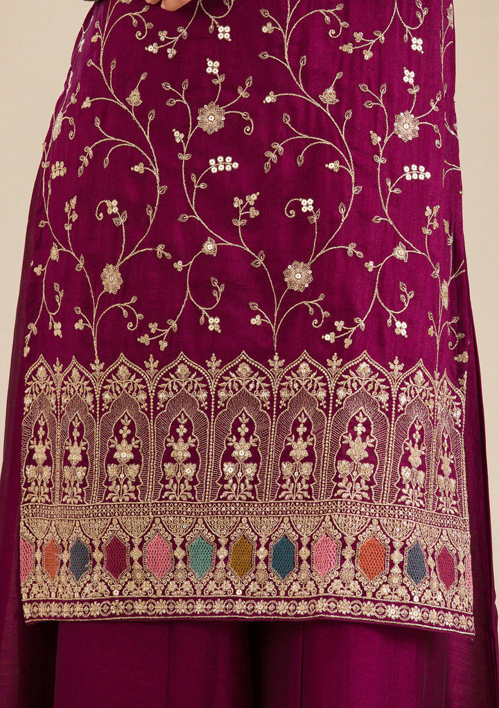 Wine Zariwork (Gold) Soft Raw Silk Readymade Salwar Suit