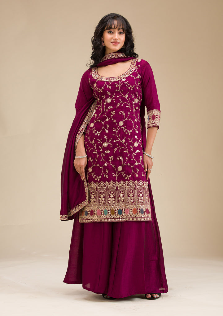 Wine Zariwork (Gold) Soft Raw Silk Readymade Salwar Suit