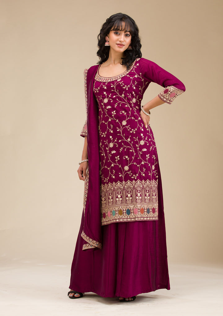 Wine Zariwork (Gold) Soft Raw Silk Readymade Salwar Suit