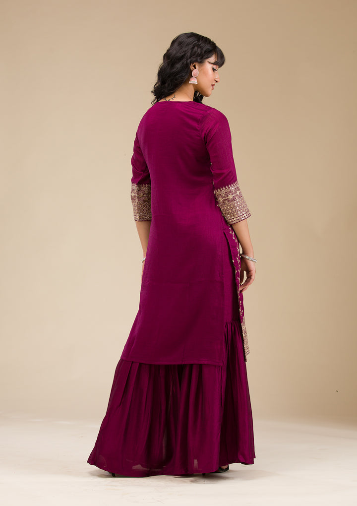 Wine Zariwork (Gold) Soft Raw Silk Readymade Salwar Suit