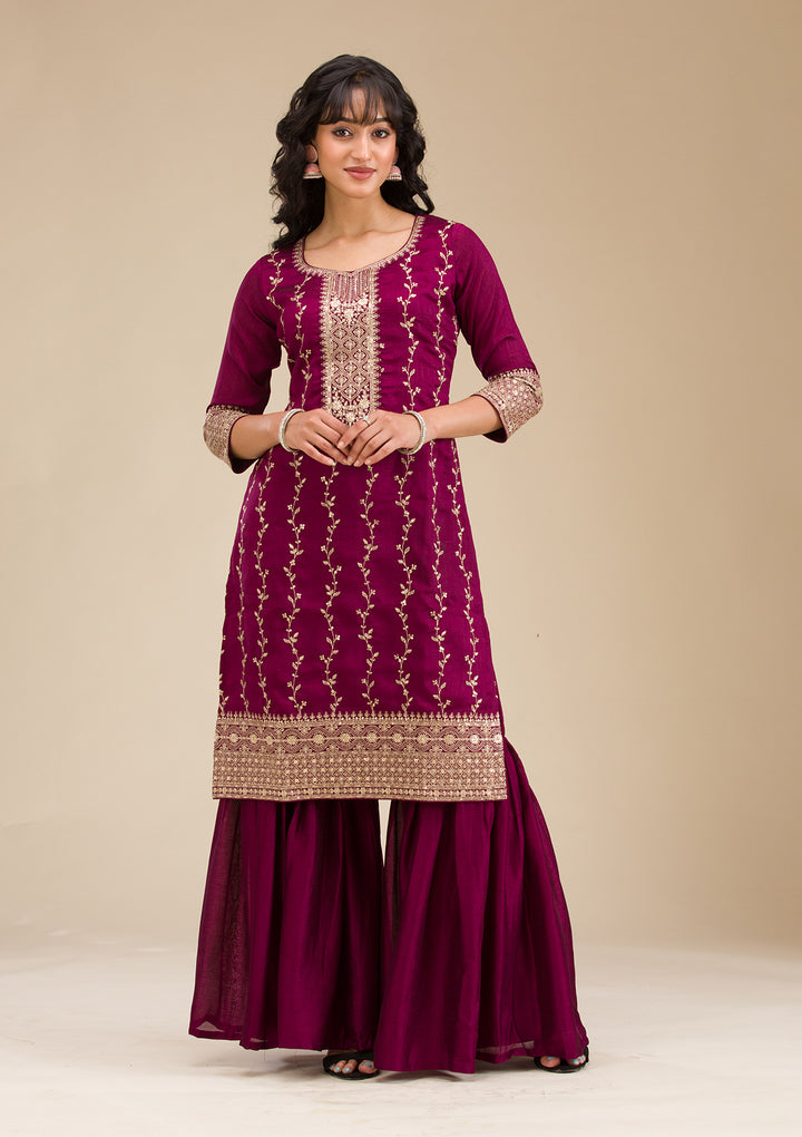 Wine Zariwork (Gold) Soft Raw Silk Readymade Salwar Suit