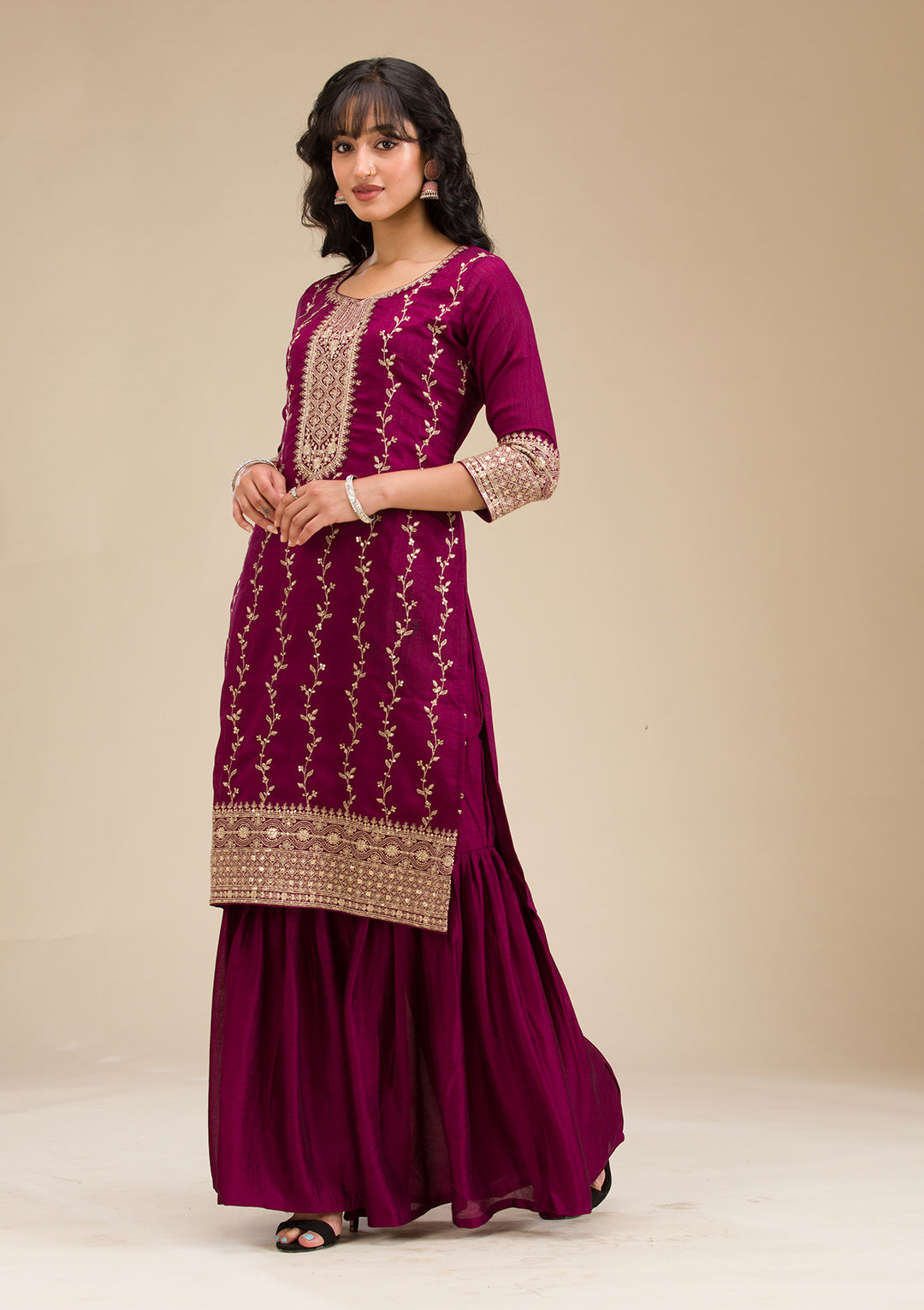 Wine Zariwork (Gold) Soft Raw Silk Readymade Salwar Suit