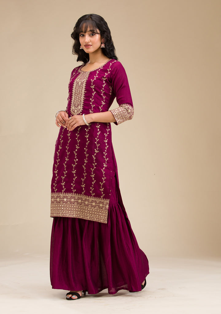 Wine Zariwork (Gold) Soft Raw Silk Readymade Salwar Suit