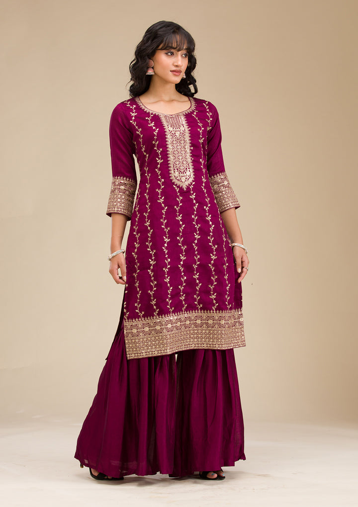 Wine Zariwork (Gold) Soft Raw Silk Readymade Salwar Suit