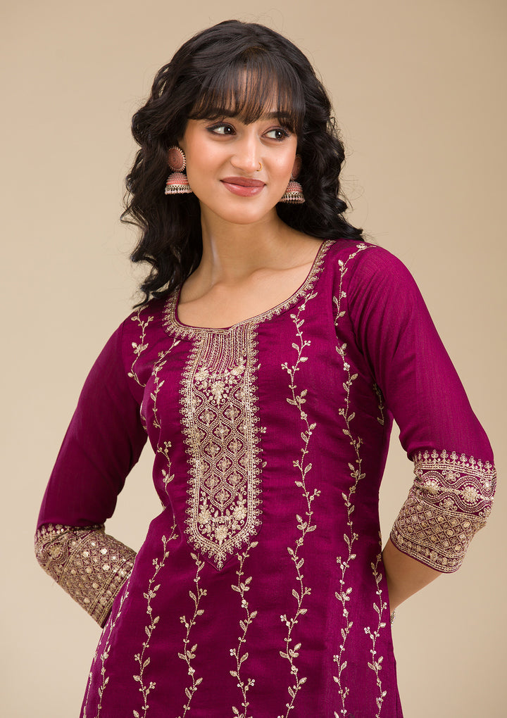 Wine Zariwork (Gold) Soft Raw Silk Readymade Salwar Suit