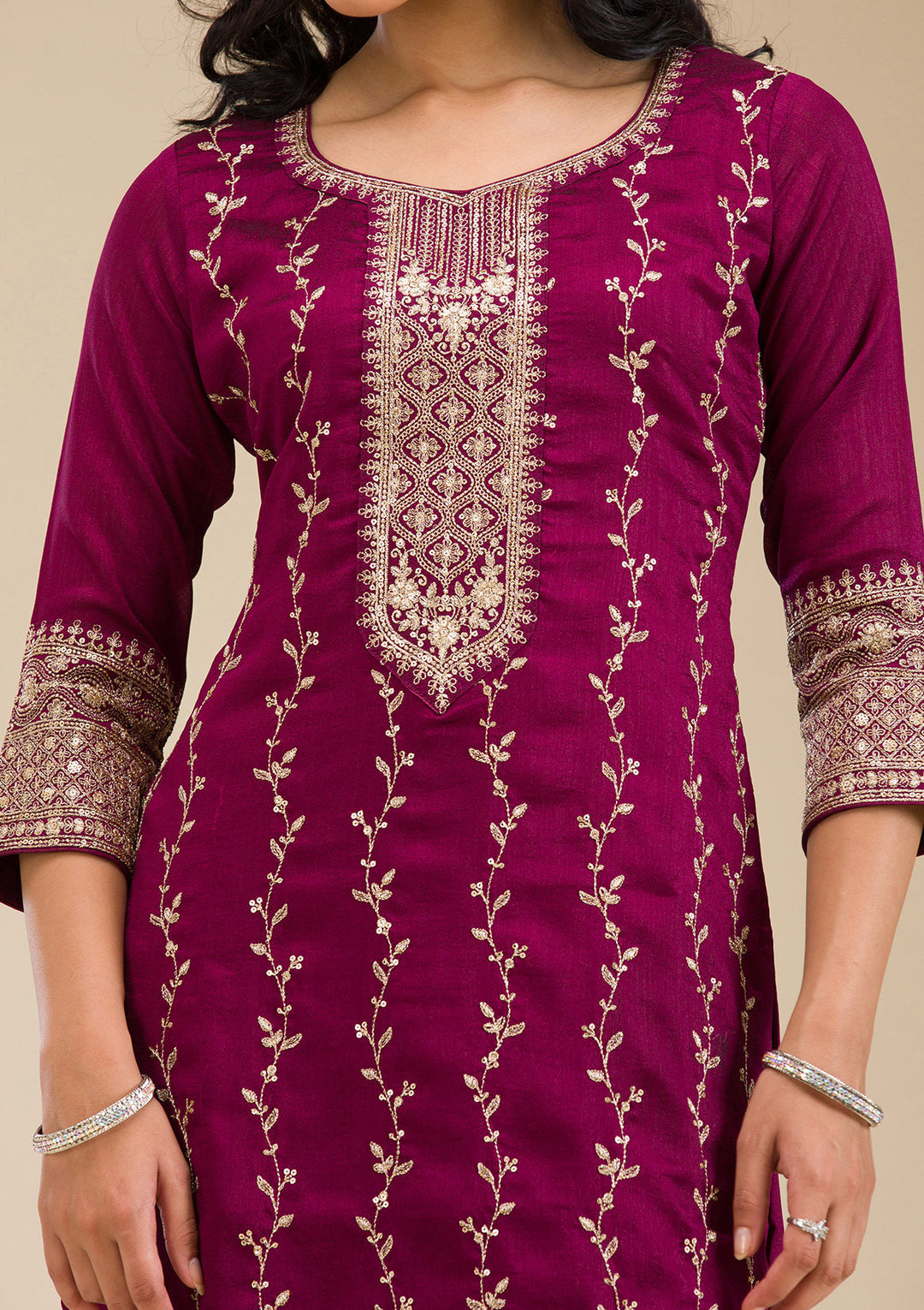 Wine Zariwork (Gold) Soft Raw Silk Readymade Salwar Suit