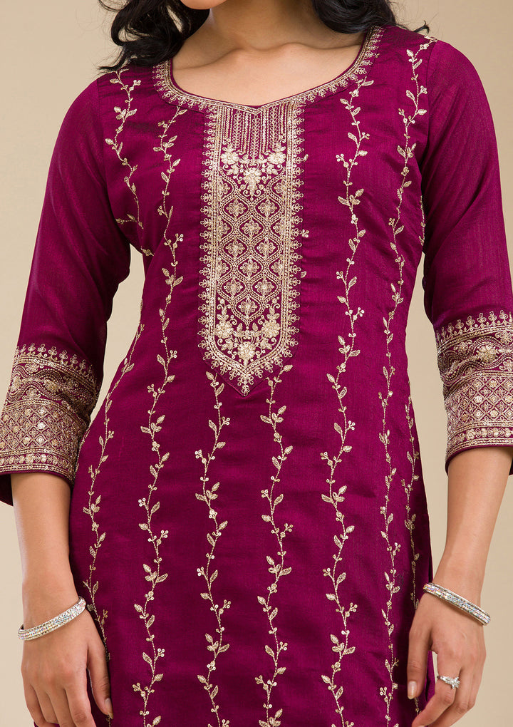 Wine Zariwork (Gold) Soft Raw Silk Readymade Salwar Suit