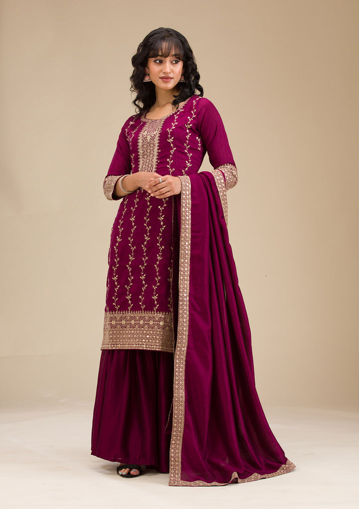 Wine Zariwork (Gold) Soft Raw Silk Readymade Salwar Suit