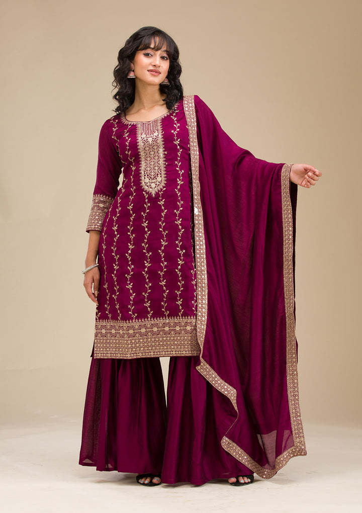 Wine Zariwork (Gold) Soft Raw Silk Readymade Salwar Suit
