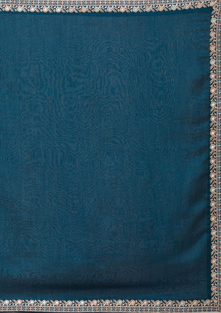 Peacock Blue Threadwork Raw Silk Readymade Salwar Suit