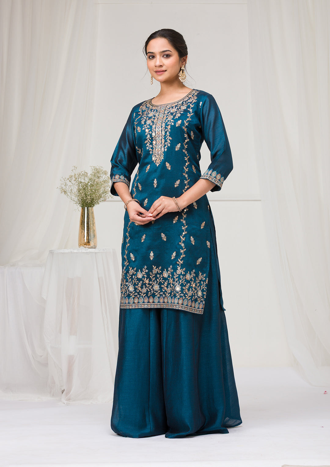 Peacock Blue Threadwork Raw Silk Readymade Salwar Suit
