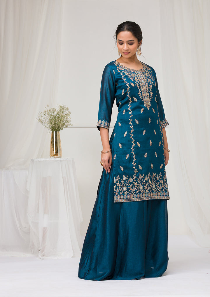 Peacock Blue Threadwork Raw Silk Readymade Salwar Suit