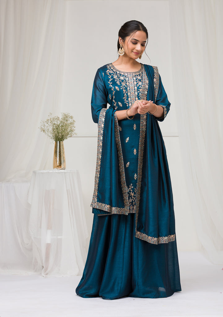 Peacock Blue Threadwork Raw Silk Readymade Salwar Suit