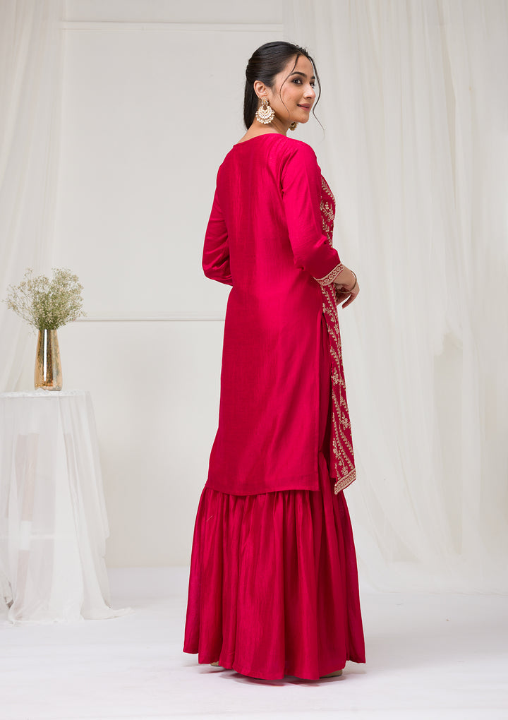 Rani Pink Zariwork Raw Silk Readymade Salwar Suit