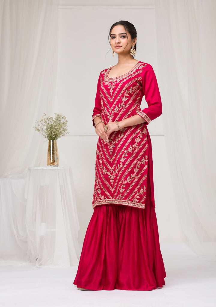 Rani Pink Zariwork Raw Silk Readymade Salwar Suit