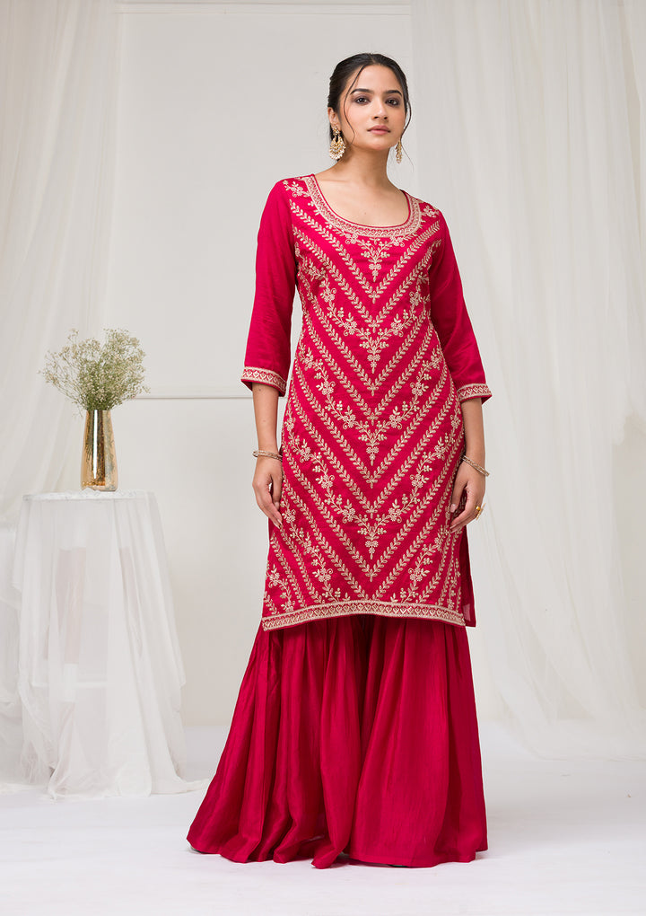 Rani Pink Zariwork Raw Silk Readymade Salwar Suit