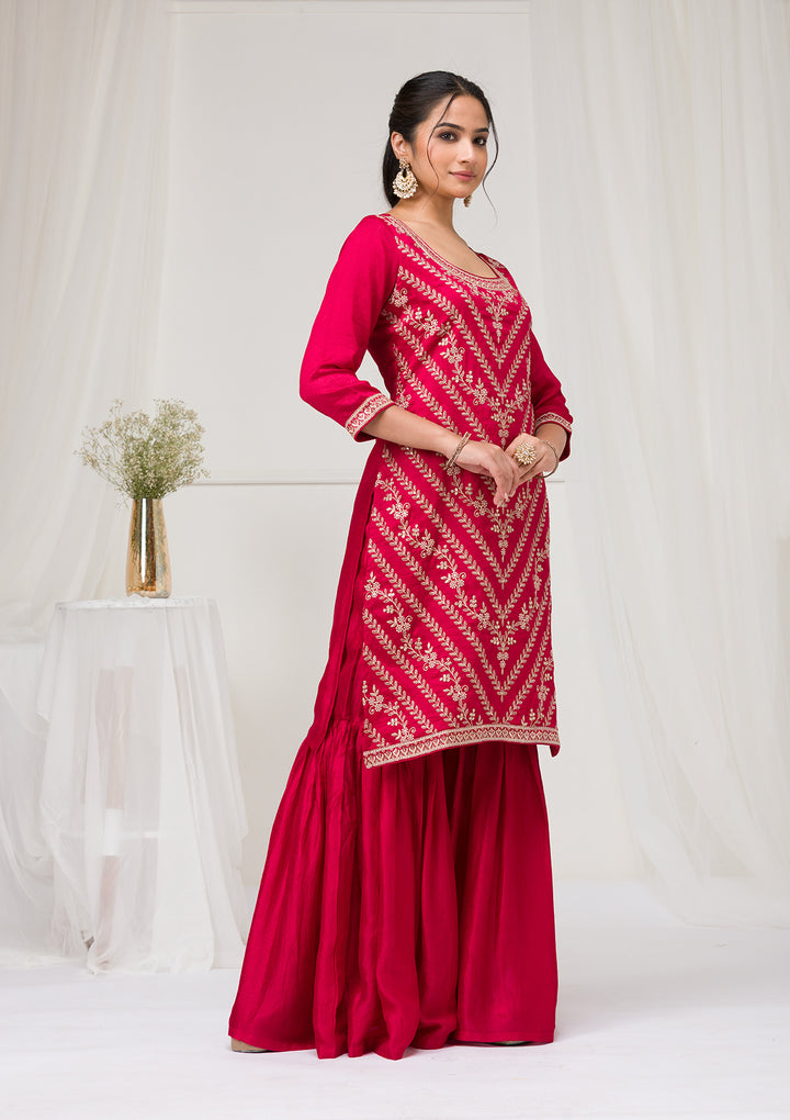 Rani Pink Zariwork Raw Silk Readymade Salwar Suit
