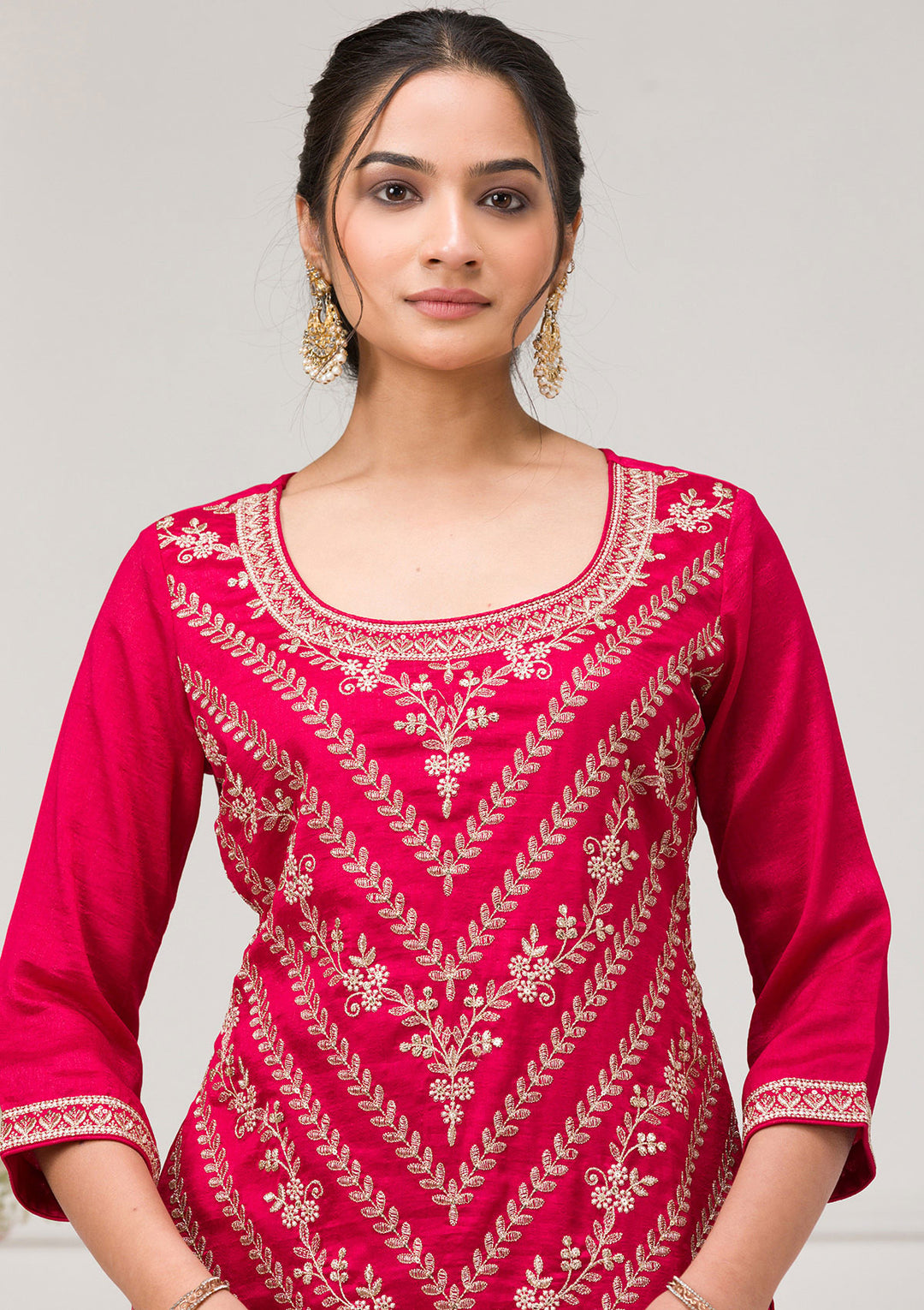 Rani Pink Zariwork Raw Silk Readymade Salwar Suit