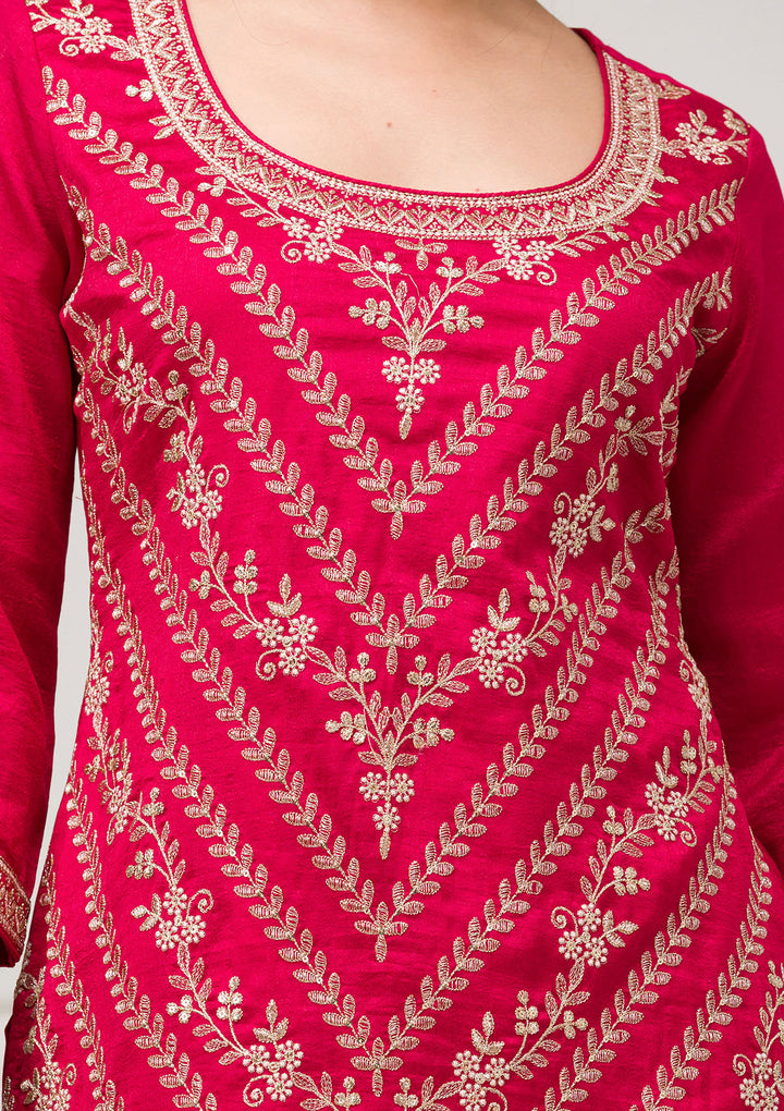Rani Pink Zariwork Raw Silk Readymade Salwar Suit