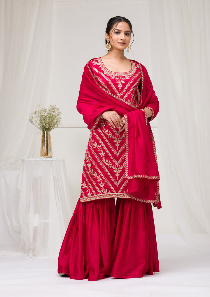 Rani Pink Zariwork Raw Silk Readymade Salwar Suit