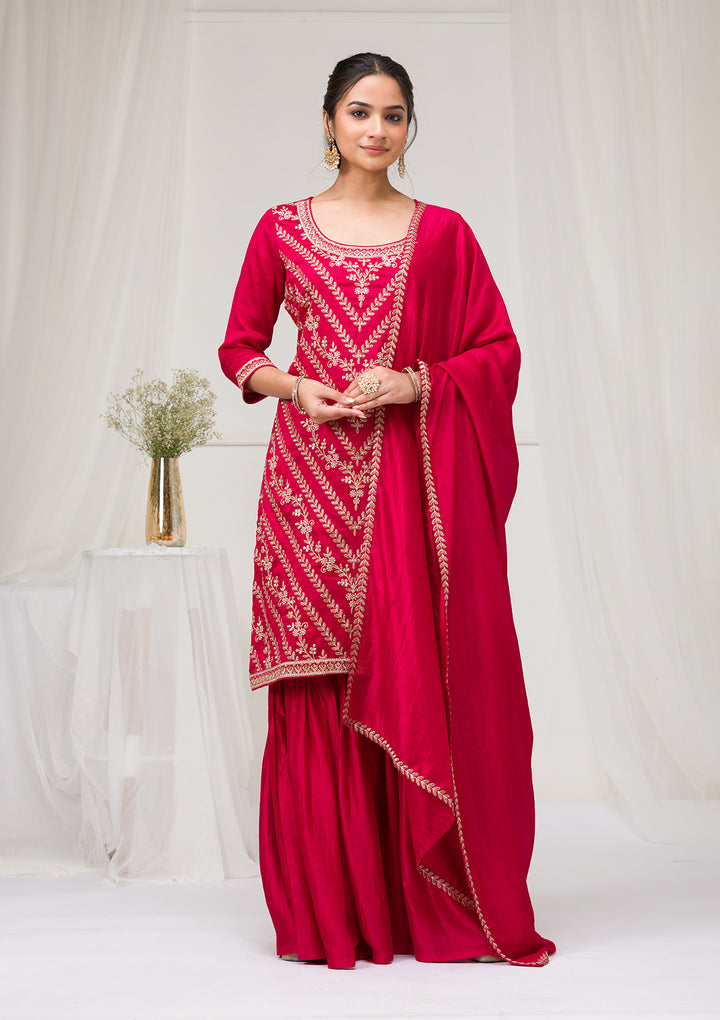 Rani Pink Zariwork Raw Silk Readymade Salwar Suit