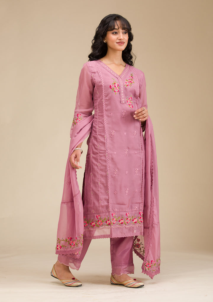 Mauve Threadwork Crepe Readymade Salwar Suit
