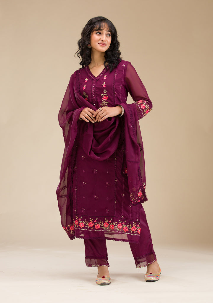 Wine Threadwork Crepe Readymade Salwar Suit